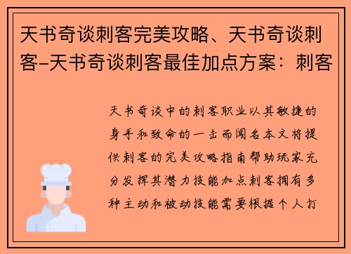 天书奇谈刺客完美攻略、天书奇谈刺客-天书奇谈刺客最佳加点方案：刺客天书奇谈完美攻略指南